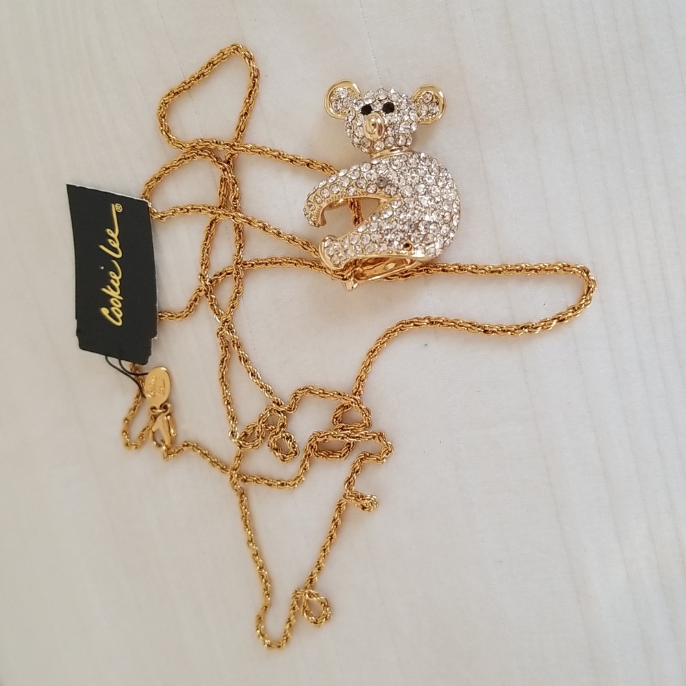 New Cookie Lee Gold Rhinestone Koala Bear Necklace